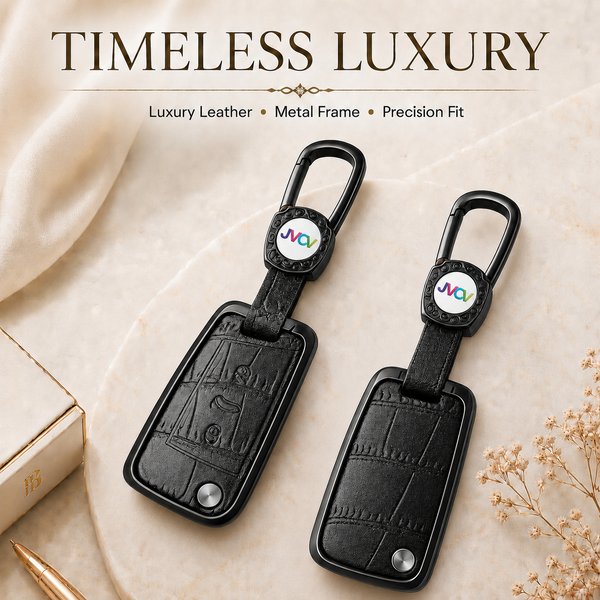 JVCV® Premium Metal & Leather Key Cover – Compatible with Skoda Kushaq, Octavia, Kodiaq, Superb & Volkswagen Taigun, Tiguan, Virtus Folding Key