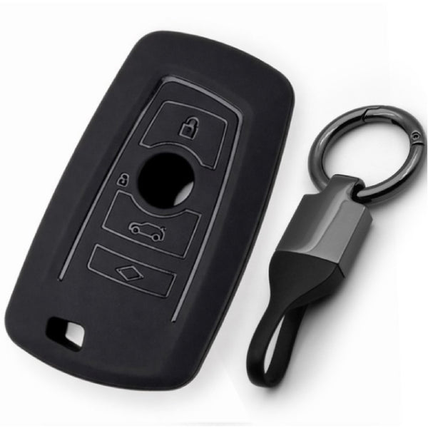 JVCV® Soft TPU Key Cover with Premium Metal Keychain – Matte Black Finish – Compatible with BMW X4, X3, 5 Series, 6 Series, 3 Series & 7 Series 4 Button Smart Key