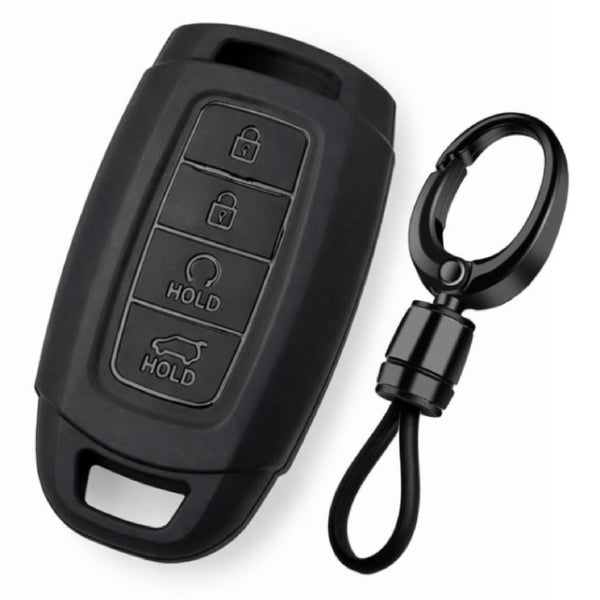 JVCV® Soft TPU Matte Black Key Cover with Premium Metal Keychain – Compatible with Hyundai Verna & i20 N Line – 4 Button Smart Key