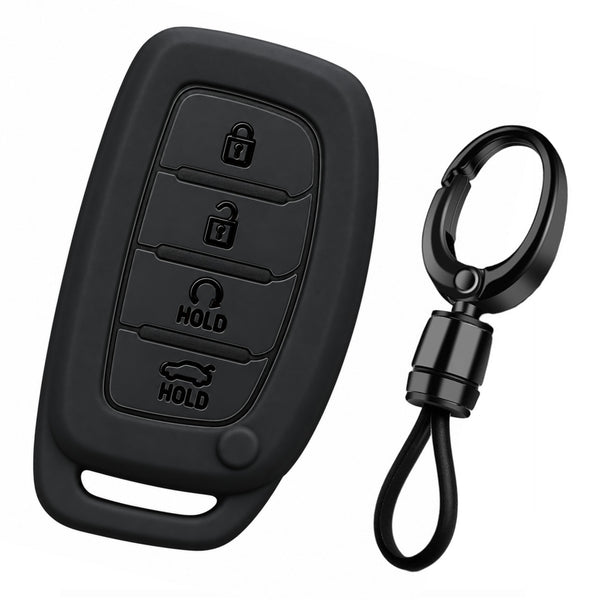 JVCV® Soft TPU Key Cover with Premium Metal Keychain – Matte Black Finish – Compatible with Hyundai Alcazar & Creta 4 Button Smart Key