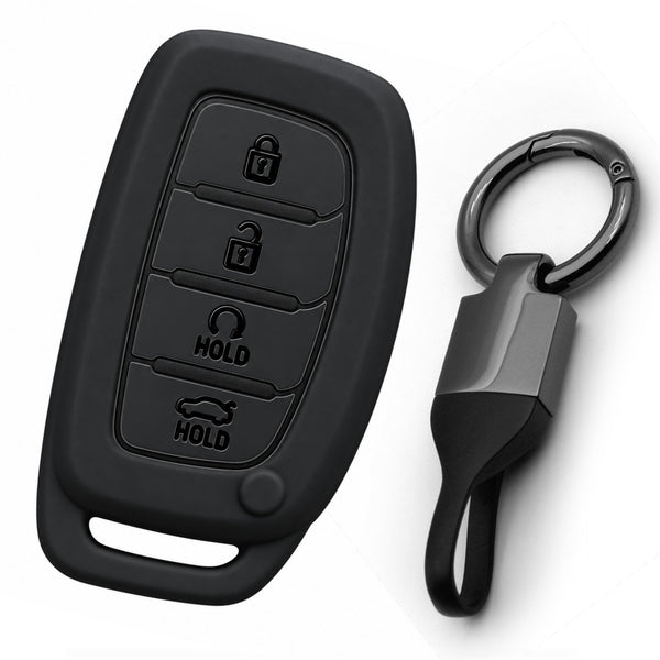 JVCV® Soft TPU Key Cover with Premium Metal Keychain – Matte Black Finish – Compatible with Hyundai Alcazar & Creta 4 Button Smart Key