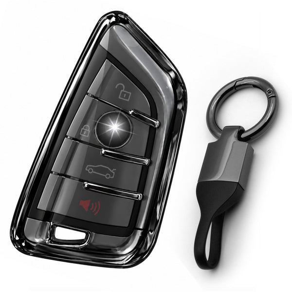 JVCV® Soft TPU Transparent Cover with keychain – BMW Blade Smart Key (Transparent Black)