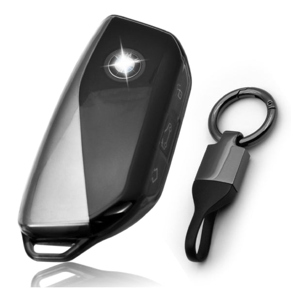 JVCV® Soft TPU Transparent Key Cover with Premium Metal Keychain – Transparent Black – Compatible with BMW 2023 New 7 Series 740i 760i X1 X7 XM iX i7 X5 Smart Key