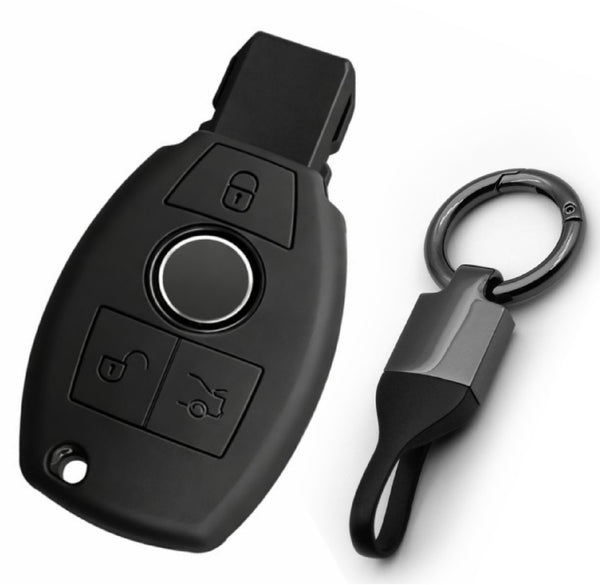 JVCV® Soft TPU Key Cover with Premium Metal Keychain – Matte Black Pattern – Compatible with Mercedes-Benz C, E, M, S, CLS, CLK, GLK, GLC & G-Class – 3 Button Smart Key