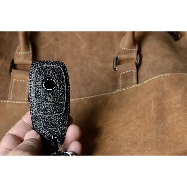 JVCV® Soft Handmade Lychee Pattern Leather Key Cover Compatible with Benz E Series 3 Button Smart Key