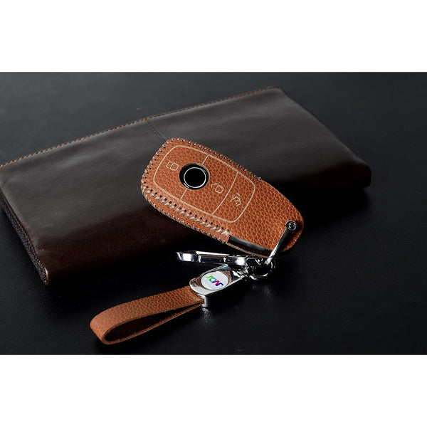 JVCV® Soft Handmade Lychee Pattern Leather Key Cover Compatible with Benz E Series 3 Button Smart Key