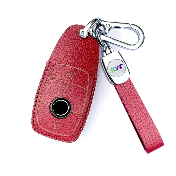 JVCV® Soft Handmade Lychee Pattern Leather Key Cover Compatible with Benz E Series 3 Button Smart Key