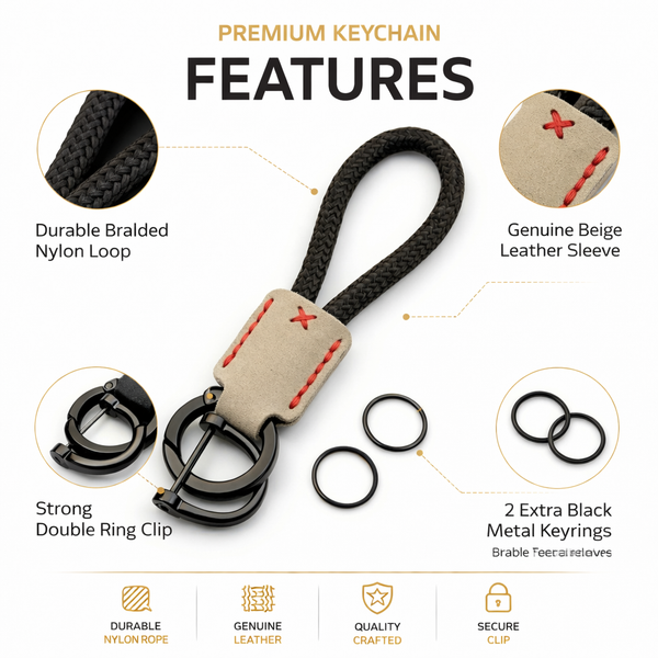 JVCV® Premium Braided Keychain with Leather Accent – Durable Car Key Holder Loop | Stylish Everyday Carry Keyring