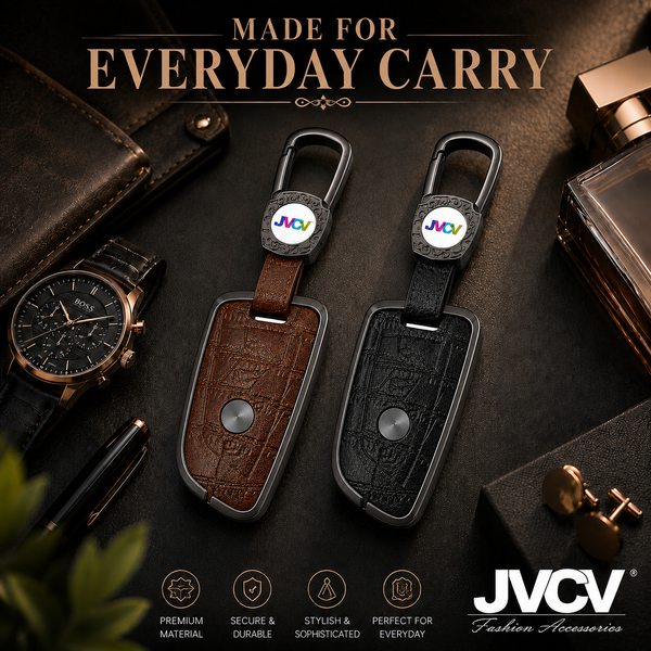 JVCV® Premium Metal & Leather Key Cover – Compatible with BMW X1, X3, X5, X6, 5 Series, 6 Series & 7 Series – 4 Button Blade Smart Key | Luxury Protective Key Case