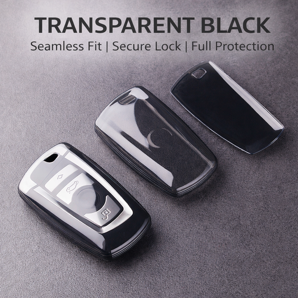 JVCV® Soft TPU Transparent Key Cover – Transparent Black Finish – Compatible with BMW X4, X3, 5 Series, 6 Series, 3 Series & 7 Series 4 Button Smart Key