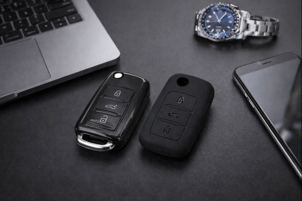 JVCV® Soft TPU Key Cover Combo (Matte Black + Transparent Black) – Compatible with Volkswagen Polo, Vento, Jetta, Ameo, Passat & Skoda Rapid, Laura, Superb, Octavia, Fabia, Yeti – Folding Key
