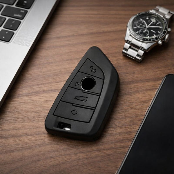 JVCV® Soft TPU Key Cover – Matte Black Pattern – Compatible with BMW X1, X3, X5, X6, 5 Series, 6 Series & 7 Series – 4 Button Blade Smart Key