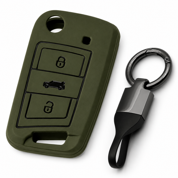 JVCV® Soft TPU Key Cover with Premium Metal Keychain – Military Green Matte Finish – Compatible with Skoda Kushaq, Volkswagen Taigun, Tiguan, Virtus, Skoda Octavia, Kodiaq & Superb Folding Key
