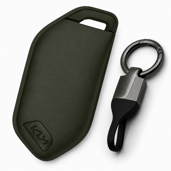 JVCV® Soft TPU Key Cover with Premium Metal Keychain – Military Green Matte Finish – Compatible with Kia Seltos 2026, Syros, EV6 & EV9 – 4 Button Smart Key