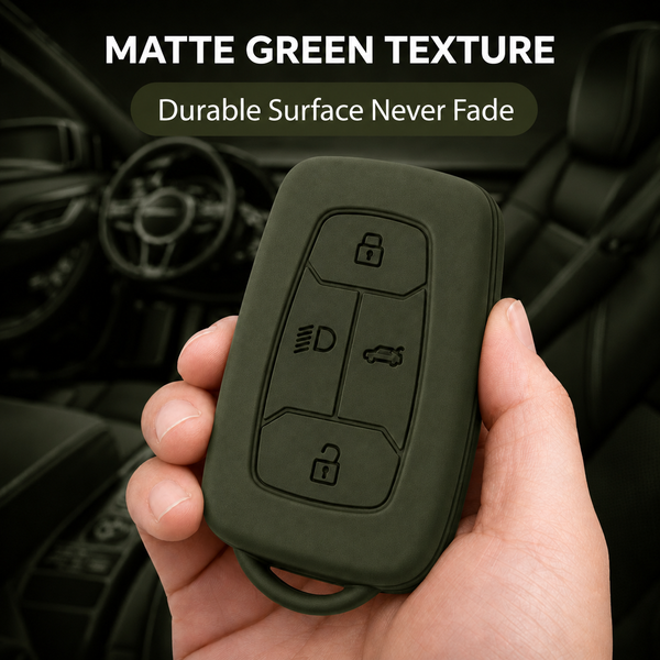 JVCV® Soft TPU Key Cover with Premium Metal Keychain – Military Green Matte Finish – Compatible with Tata Nexon EV, Harrier, Tiago EV, Altroz, Tigor, Safari & Punch – 4 Button Smart Key