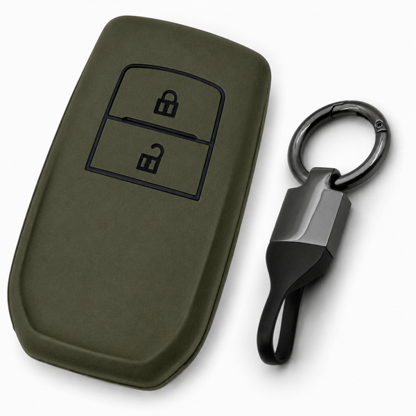 JVCV® Soft TPU Key Cover with Premium Metal Keychain – Military Green Matte Finish – Compatible with Toyota Fortuner, Hilux, Innova Crysta, Fortuner Legender, Innova HyCross & Land Cruiser – 2 Button Smart Key