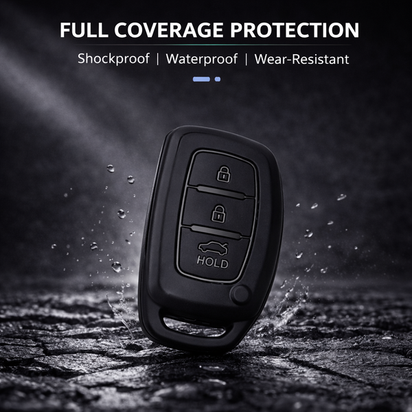 JVCV® Soft TPU Key Cover with Premium Metal Keychain – Matte Black Pattern – Compatible with Hyundai Creta, i10, Grand i20, Elite i20, i20 Active, Verna 4S, Tucson, Elantra & Grand i10 Nios – 3 Button Smart Key