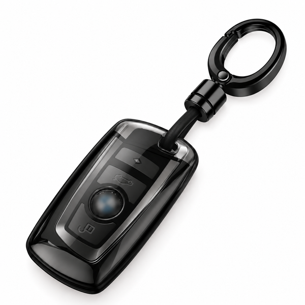 JVCV® Soft TPU Transparent Key Cover with Premium Metal Keychain – Transparent Black Finish – Compatible with BMW X4, X3, 5 Series, 6 Series, 3 Series & 7 Series 4 Button Smart Key