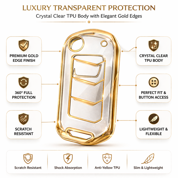 JVCV® Soft TPU Transparent Flip Key Cover Compatible with Mahindra XUV700, 3XO, Thar, Marazzo, Bolero, Scorpio, Scorpio N, XUV300, TUV300 Plus, XUV400 EV | 3-Button Smart Flip Key | Premium Transparent Gold Protection