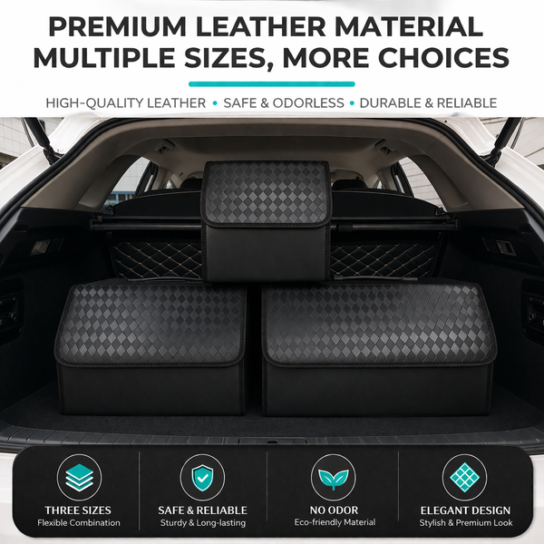 JVCV® Stylish Embossed PU Leather Car Trunk Organizer – Foldable Multipurpose Car Boot Storage Box with Handle