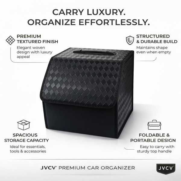 JVCV® Stylish Embossed PU Leather Car Trunk Organizer – Foldable Multipurpose Car Boot Storage Box with Handle