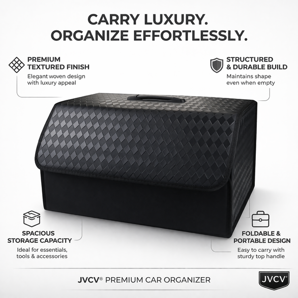 JVCV® Stylish Embossed PU Leather Car Trunk Organizer – Foldable Multipurpose Car Boot Storage Box with Handle