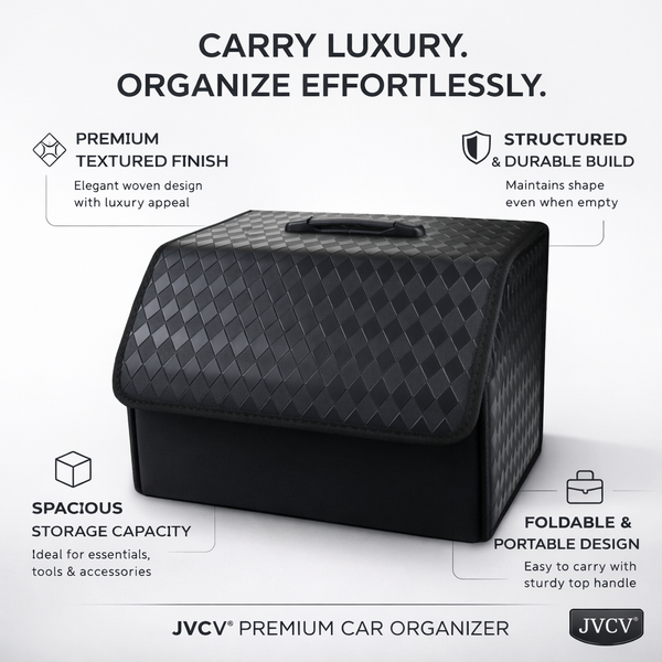 JVCV® Stylish Embossed PU Leather Car Trunk Organizer – Foldable Multipurpose Car Boot Storage Box with Handle