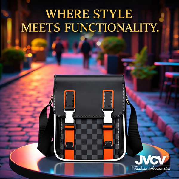 JVCV® Men’s Premium Messenger Bag – Stylish PU Leather Crossbody Shoulder Bag with Adjustable Strap & Unique Checkered Design – Perfect for Work & Travel