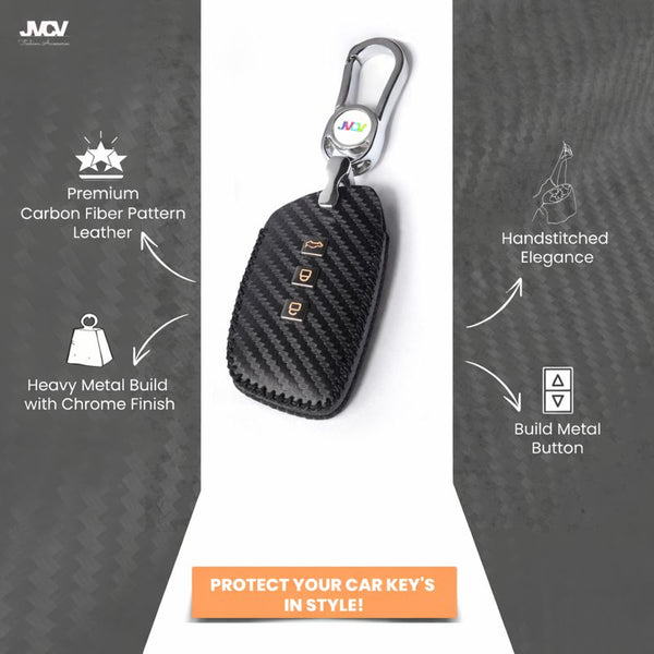 Carbon Fiber Leather Car Key Cover for New MG Hector, Hector Plus, Windsor, Windsor Pro EV Smart Key - Premium PU Case with Keychain
