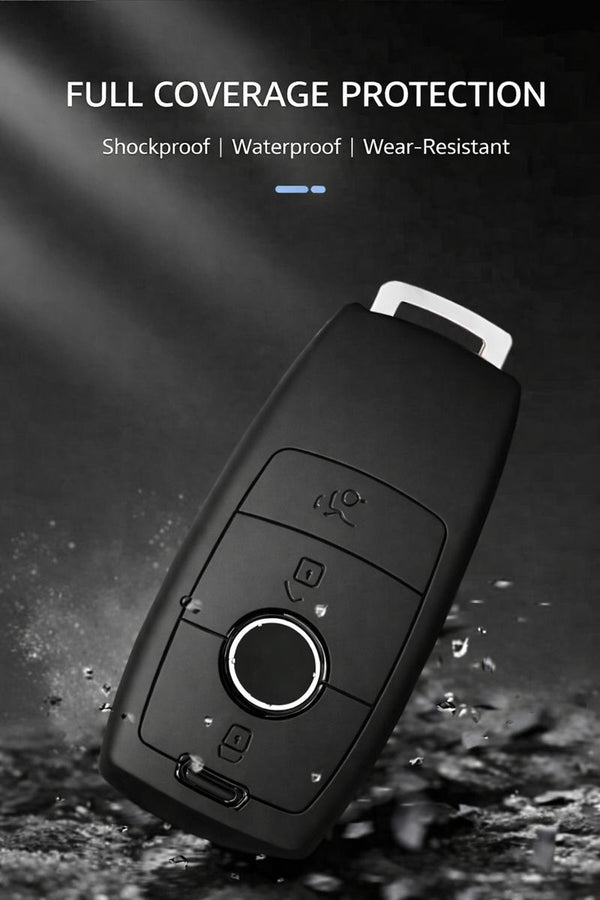 JVCV® Soft TPU Key Cover with Premium Metal Keychain – Matte Black Pattern – Compatible with Benz E Series Smart Key