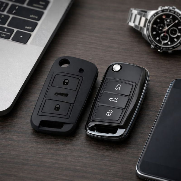 JVCV® Soft TPU Key Cover Combo (Matte Black + Transparent Black) – Compatible with Skoda Kushaq, Taigun, Tiguan, Virtus, Octavia, Kodiaq & Superb – Folding Key