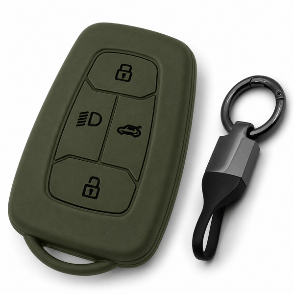 JVCV® Soft TPU Key Cover with Premium Metal Keychain – Military Green Matte Finish – Compatible with Tata Nexon EV, Harrier, Tiago EV, Altroz, Tigor, Safari & Punch – 4 Button Smart Key