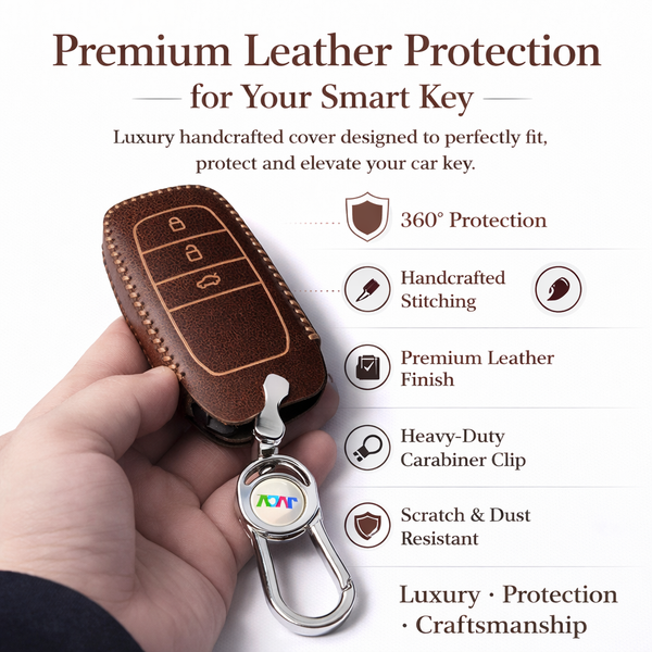 JVCV® Soft Handmade Leather Key Cover Compatible with Toyota 3‑Button Smart Key | Premium Leather & Matching Keychain | Elegant Scratch‑Resistant Protection