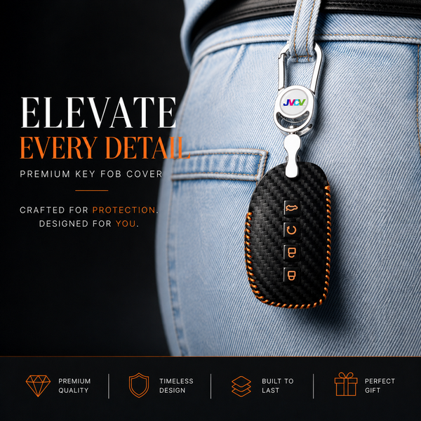 JVCV® Handmade Carbon-Fiber Pattern Leather Key Cover – Hyundai 4‑Button Smart Key (with Keychain)
