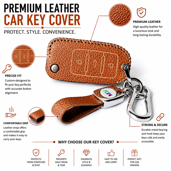 JVCV® Soft Handmade Lychee Pattern Leather Key Cover Compatible with Volkswagen Polo Vento Jetta Ameo Passat and Skoda Rapid Laura Superb Octavia Fabia Yeti Folding Key