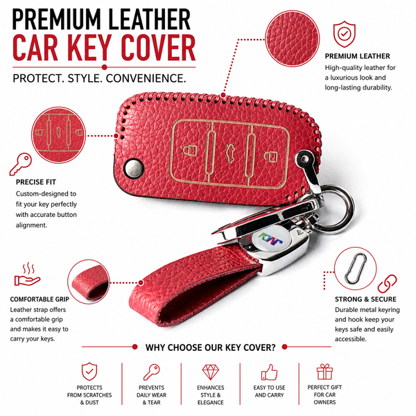 JVCV® Soft Handmade Lychee Pattern Leather Key Cover Compatible with Volkswagen Polo Vento Jetta Ameo Passat and Skoda Rapid Laura Superb Octavia Fabia Yeti Folding Key