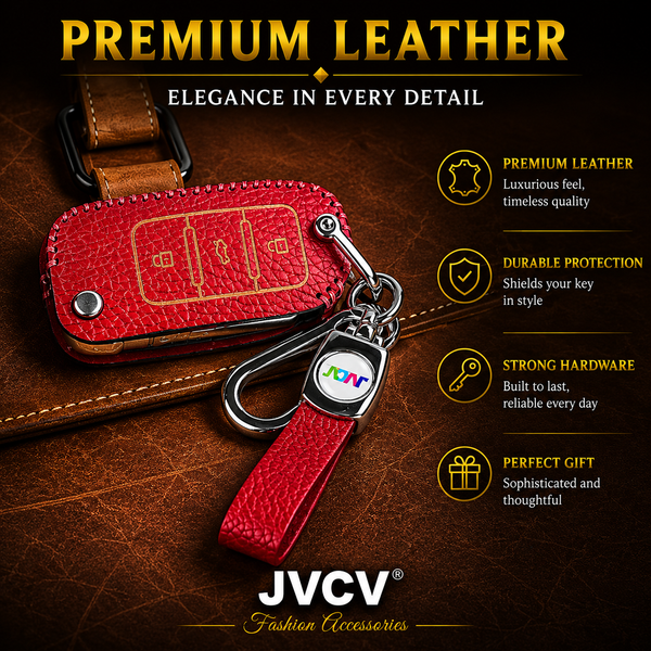 JVCV® Soft Handmade Lychee Pattern Leather Key Cover Compatible with Volkswagen Polo Vento Jetta Ameo Passat and Skoda Rapid Laura Superb Octavia Fabia Yeti Folding Key