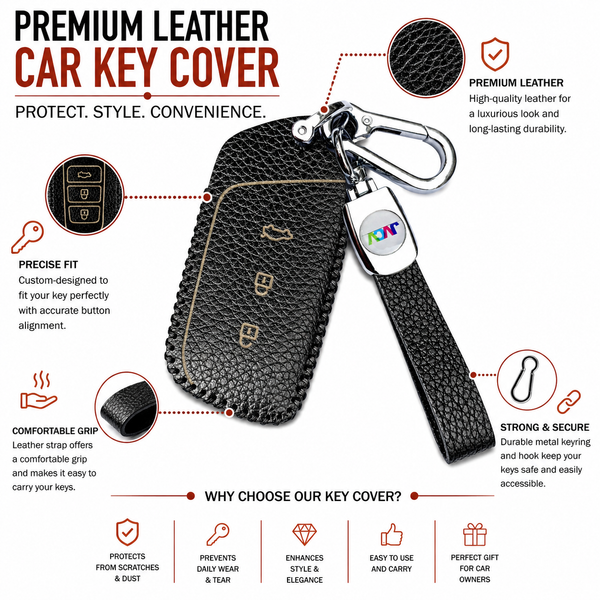 JVCV® Soft Handmade Lychee Pattern Leather Key Cover Compatible with MG Hector, Hector Plus and Windsor EV Smart Key