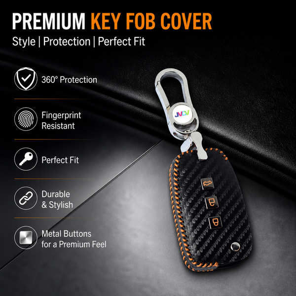 Carbon Fiber Leather Car Key Cover for Hyundai i20, Kona, Verna 3 Button Flip Key - Premium PU Case with Keychain