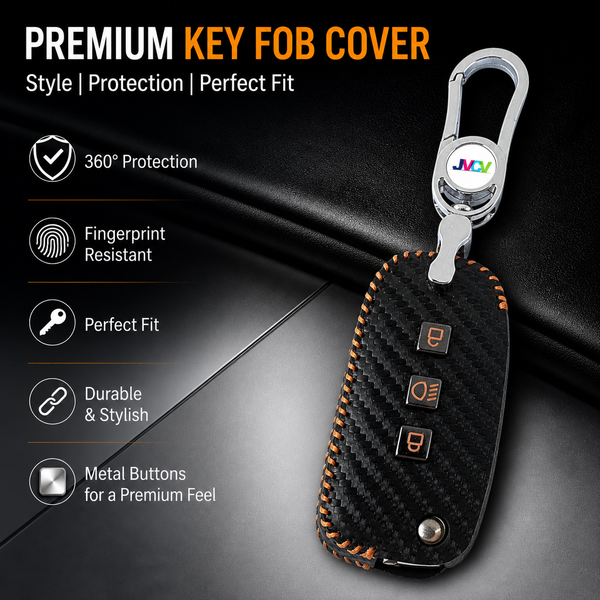 Carbon Fiber Leather Car Key Cover for Tata Tiago Tigor Punch Hexa Nexon Zest Bolt Safari Storme Flip Key - Premium PU case with Keychain