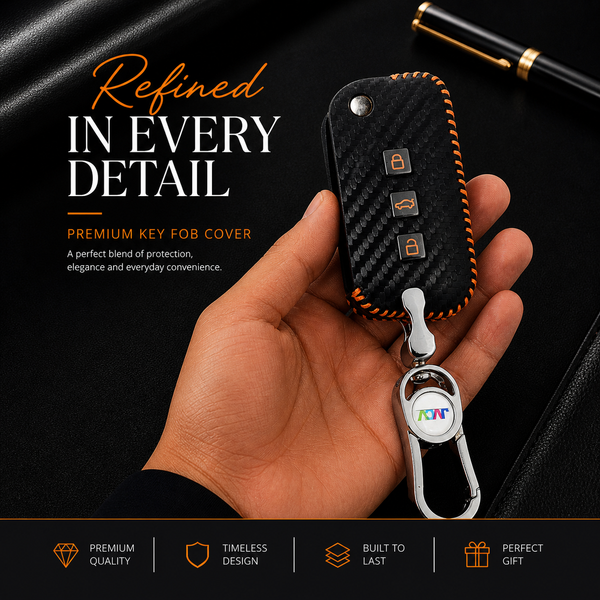Carbon Fiber Leather Car Key Cover for Mahindra XUV 700, 3XO, Thar, Marazzo, Bolero, Scorpio, Scorpio N, XUV 300, XUV 400 EV, Thar Roxx - Premium PU Case with Keychain