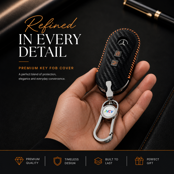 JVCV® Handmade Carbon-Fiber Pattern Leather Key Cover – Mercedes 3‑Button Smart Key (with Keychain)