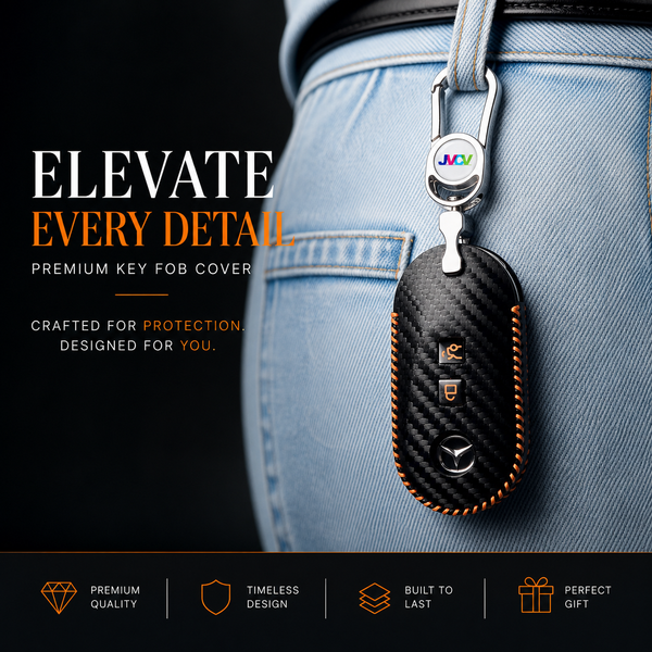 JVCV® Handmade Carbon-Fiber Pattern Leather Key Cover – Mercedes 3‑Button Smart Key (with Keychain)