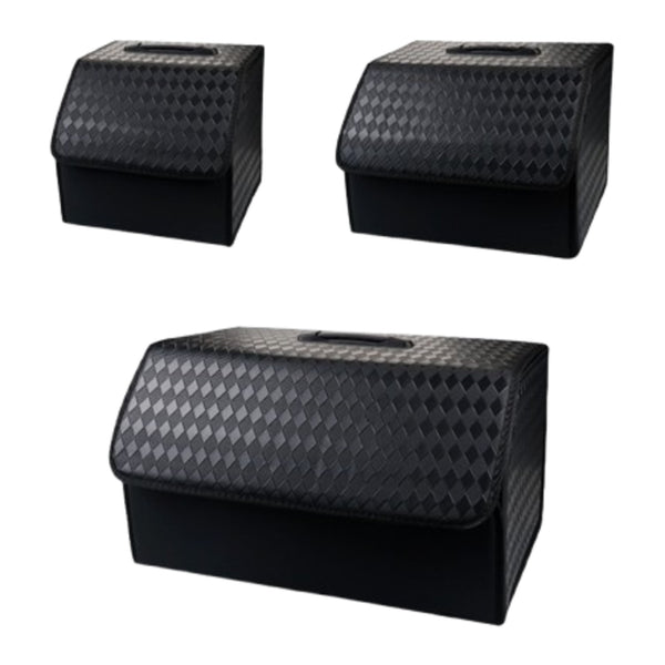 JVCV® Stylish Embossed PU Leather Car Trunk Organizer – Foldable Multipurpose Car Boot Storage Box with Handle