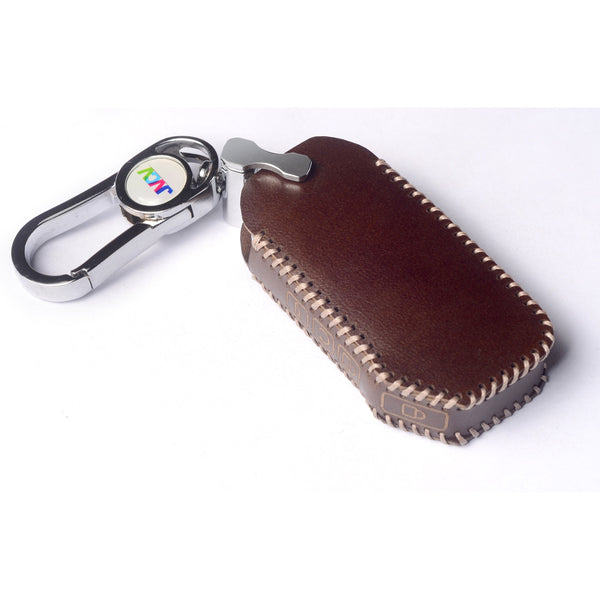 Car Styling Soft Handmade Leather Key Cover Compatible with Kia Seltos 2023 onwards Facelift HTX Carens X Line Sonet Facelift 4 Button Smart Key. (Brown)