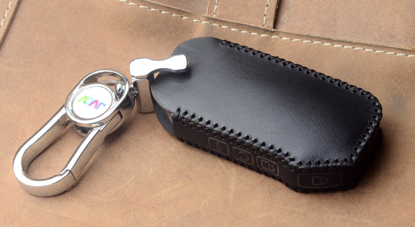 Car Styling Soft Handmade Leather Key Cover Compatible with Kia Seltos 2023 onwards Facelift HTX Carens X Line Sonet Facelift 4 Button Smart Key. (Brown)