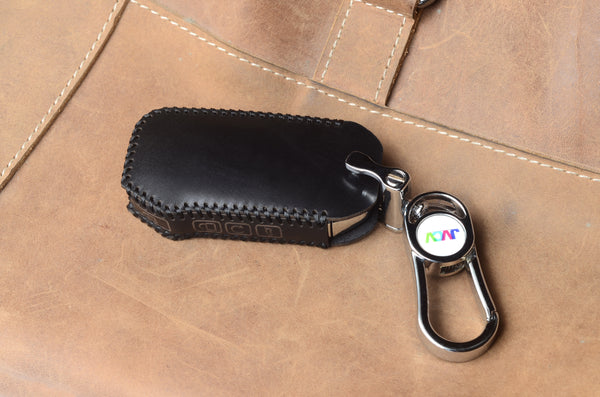 Car Styling Soft Handmade Leather Key Cover Compatible with Kia Seltos 2023 onwards Facelift HTX Carens X Line Sonet Facelift 4 Button Smart Key. (Brown)