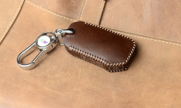 Car Styling Soft Handmade Leather Key Cover Compatible with Kia Seltos 2023 onwards Facelift HTX Carens X Line Sonet Facelift 4 Button Smart Key. (Brown)