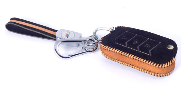 JVCV® Suede Leather Key Cover for Mahindra 3-Button Flip Keys – Compatible with XUV 700, Scorpio N, Thar, 3XO, XUV300, XUV400, Bolero & More