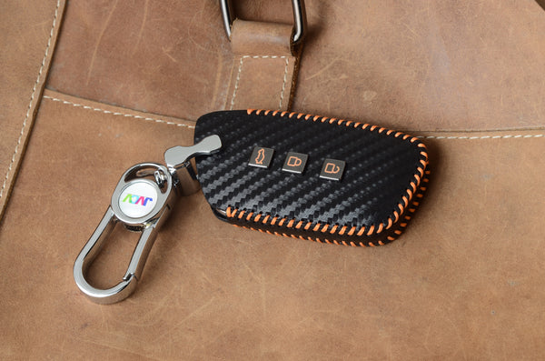 Carbon Fiber Leather Car Key Cover for New MG Hector, Hector Plus, Windsor, Windsor Pro EV Smart Key - Premium PU Case with Keychain